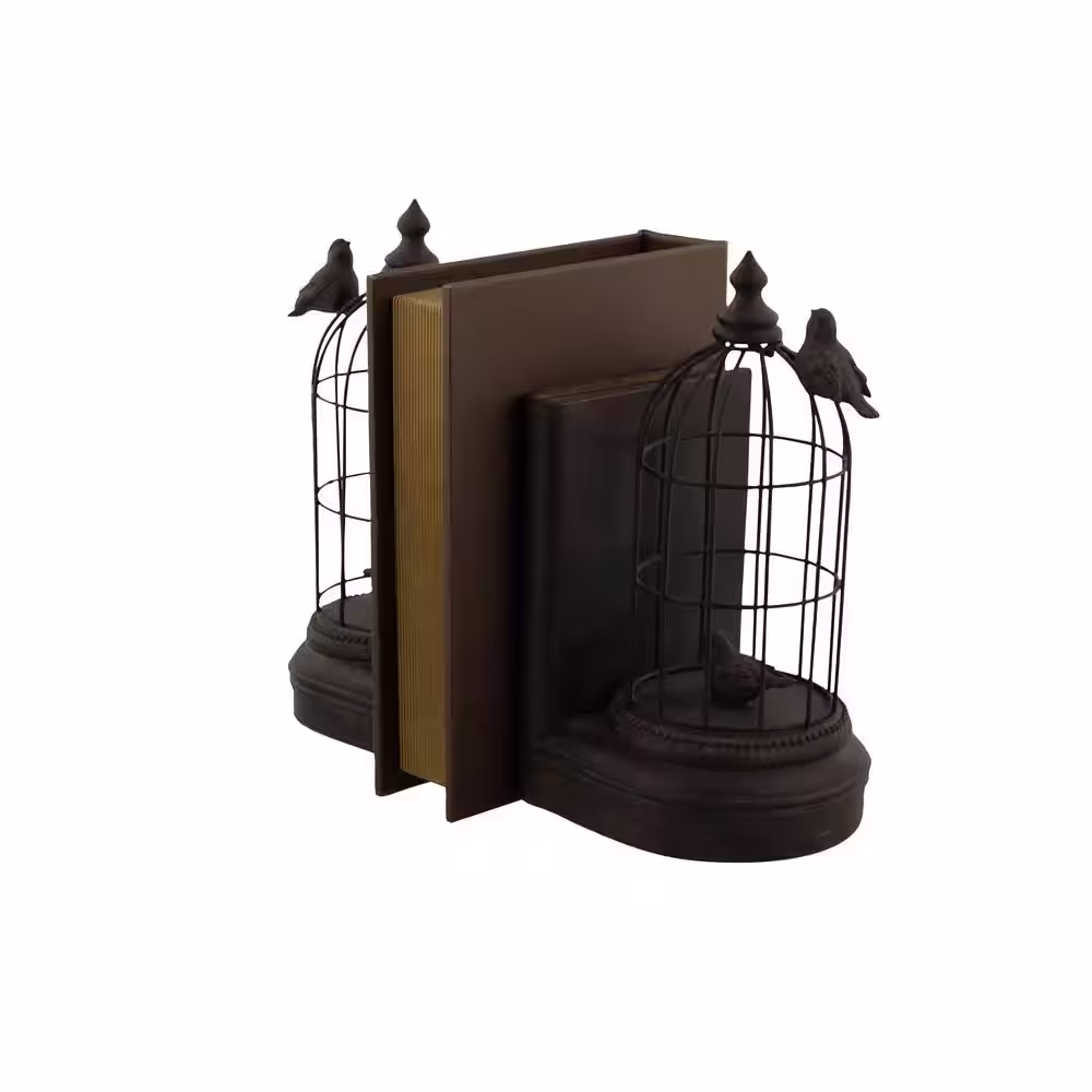 Litton Lane Black Metal Bird Bookends with Cages (Set of 2)