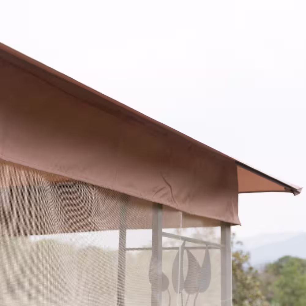 Outsunny 10 ft. x 10 ft. x 8.7' ft Steel Frame Rectangle Outdoor Gazebo with Mesh Curtain Sidewalls & 2-Tiered Vented Top, Brown