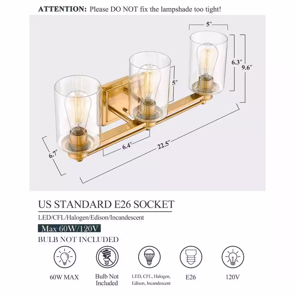 JAZAVA Farmhouse 22.5 in. 3-Light Brushed Gold Bathroom Vanity Light with Clear Glass Shades