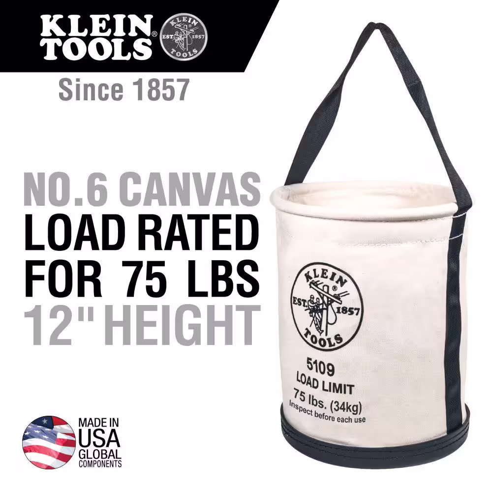 Klein Tools Canvas Bucket, Wide-Opening, Straight-Wall, Molded Bottom, 12-Inch