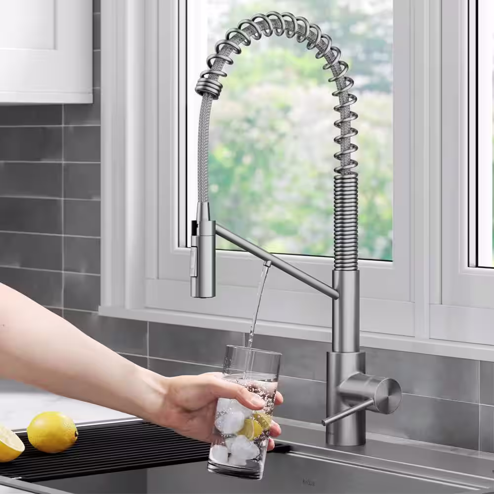 KRAUS Oletto Pull-Down Single Handle Filter Kitchen Faucet in Spot-Free Stainless Steel with Purita 2-Stage Filtration System