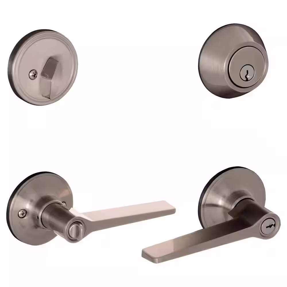 ESSENTIALS by Schlage Vining Satin Nickel Single Cylinder Deadbolt and Keyed Entry Door Handle Combo Pack