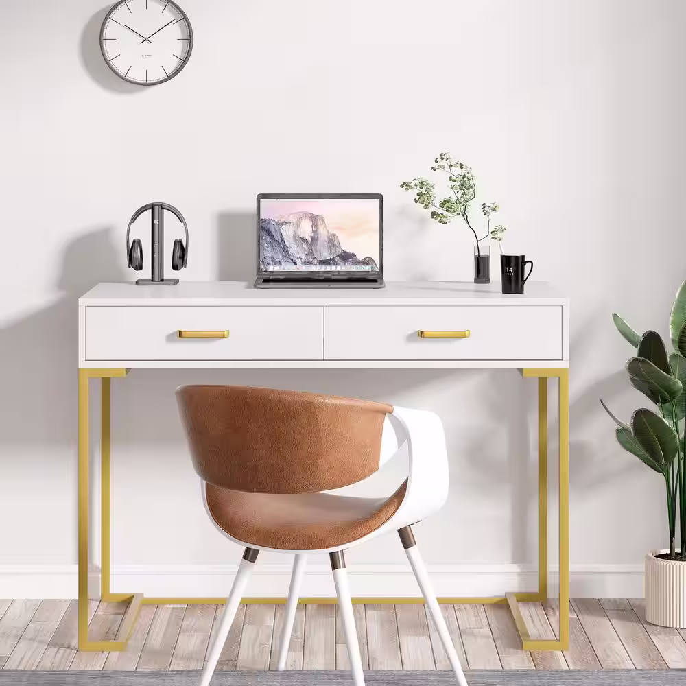 BYBLIGHT Moronia 39.37 in. W Retangular Gold and White 30 in. H Wood Computer Desk with 2-Drawer