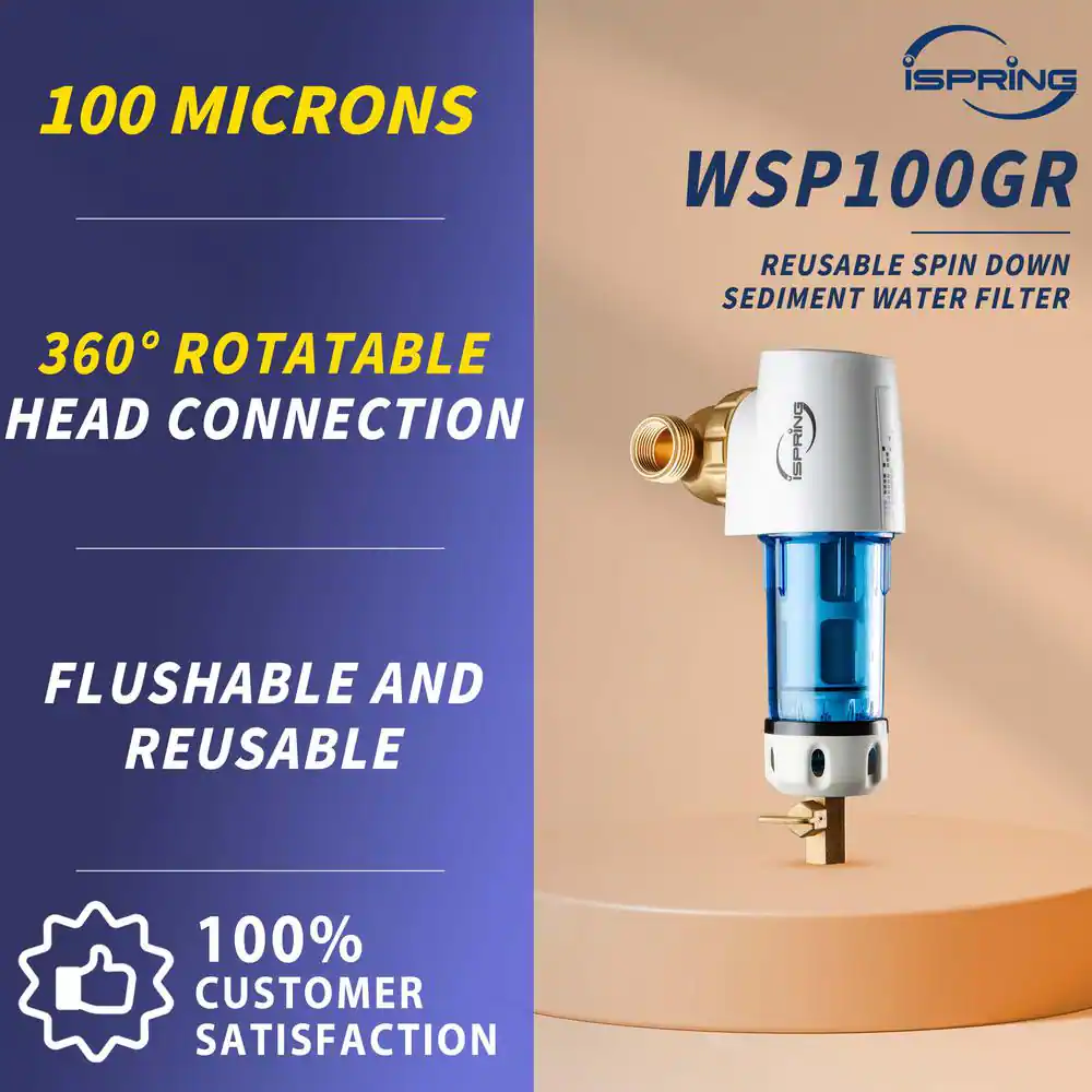 ISPRING Reusable Spin Down Sediment Water Filter 100 Micron with Scraper and 360 Head