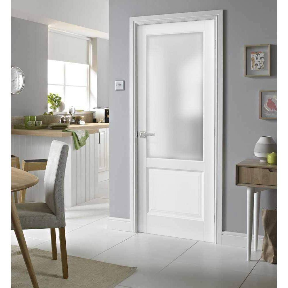 Sartodoors 1422 24 in. x 96 in. Universal Handling Frosted Glass Solid Core White Finished Pine Wood Single Prehung Interior Door