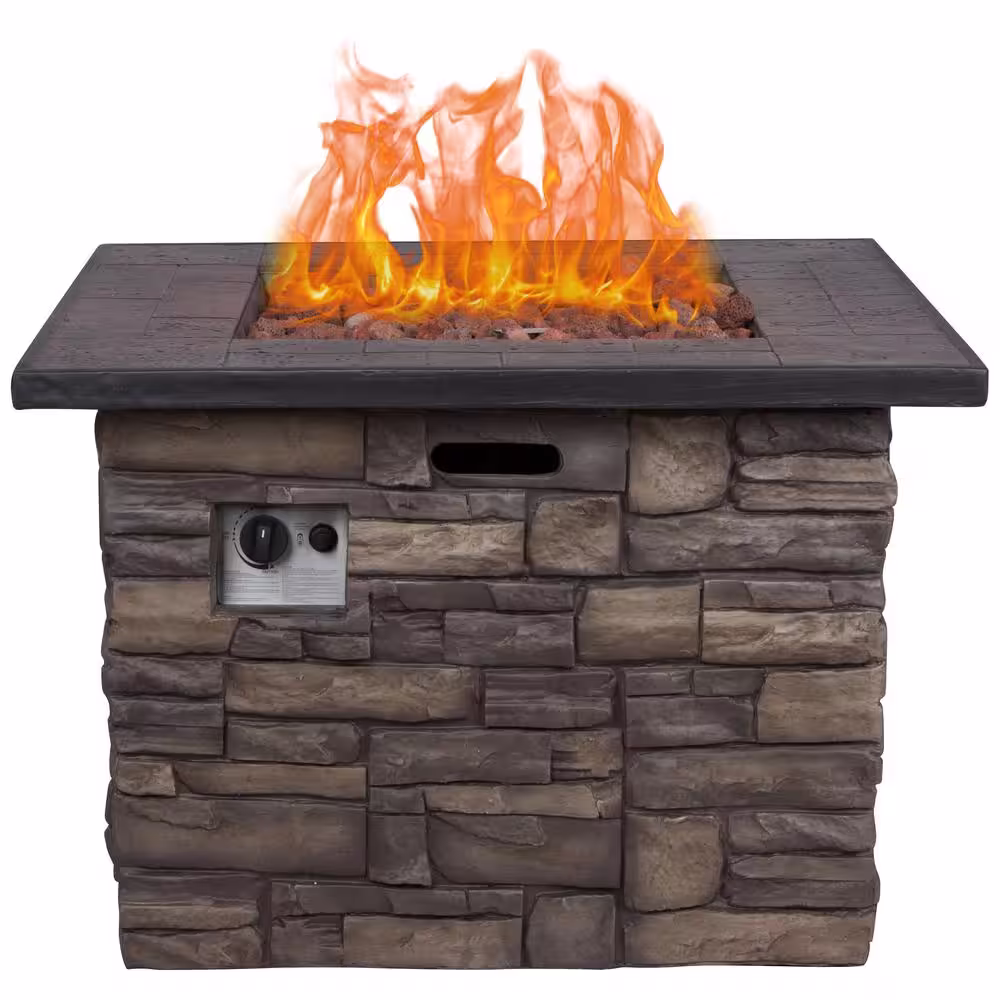 Shine Company Sevilla Square Outdoor Propane Gas Stone Fire Pit Table with Lava Rock, 34.5 in. Long