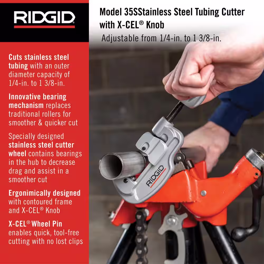 RIDGID 1/4 in. to 1-3/8 in. Model 35S Stainless Steel Tubing Cutter with Quick Cutting X-CEL Knob, Contoured Frame Tubing Tool