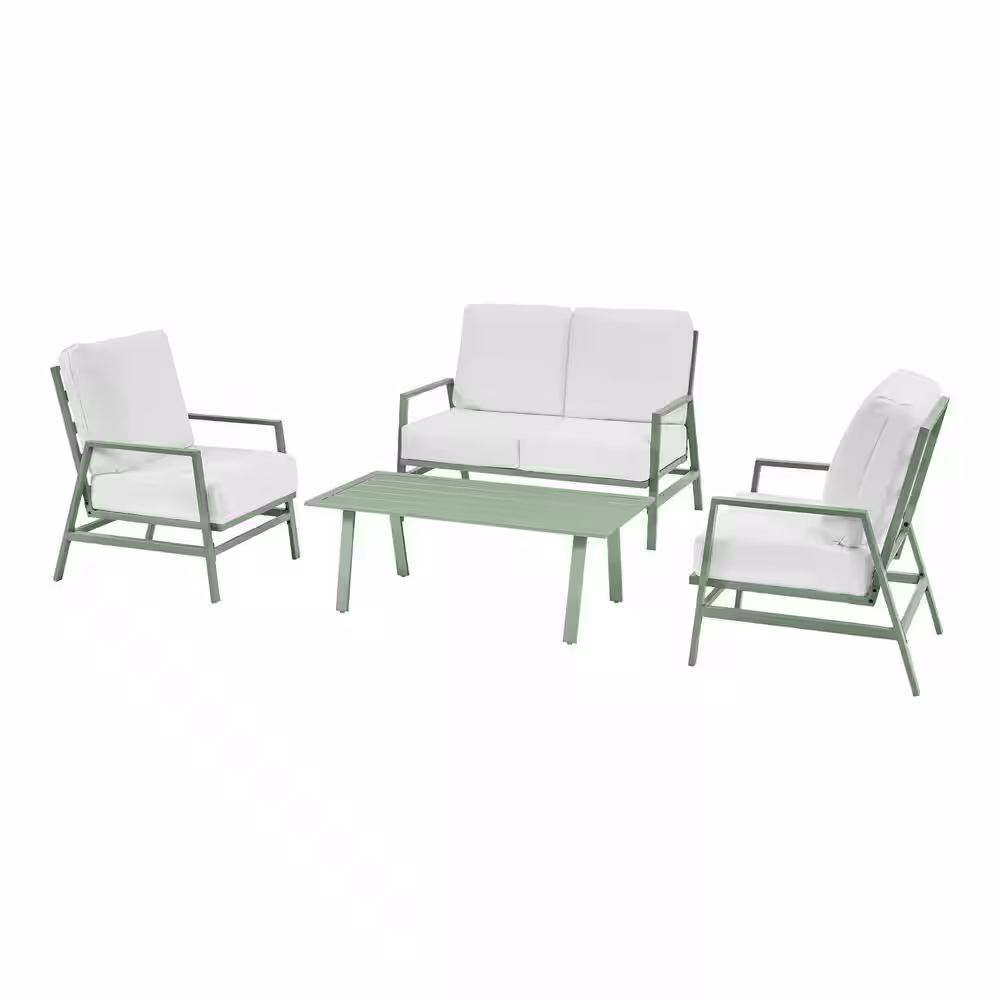 Hampton Bay Sunnymead 4-Piece Metal Outdoor Chat Set with Bright White Cushions