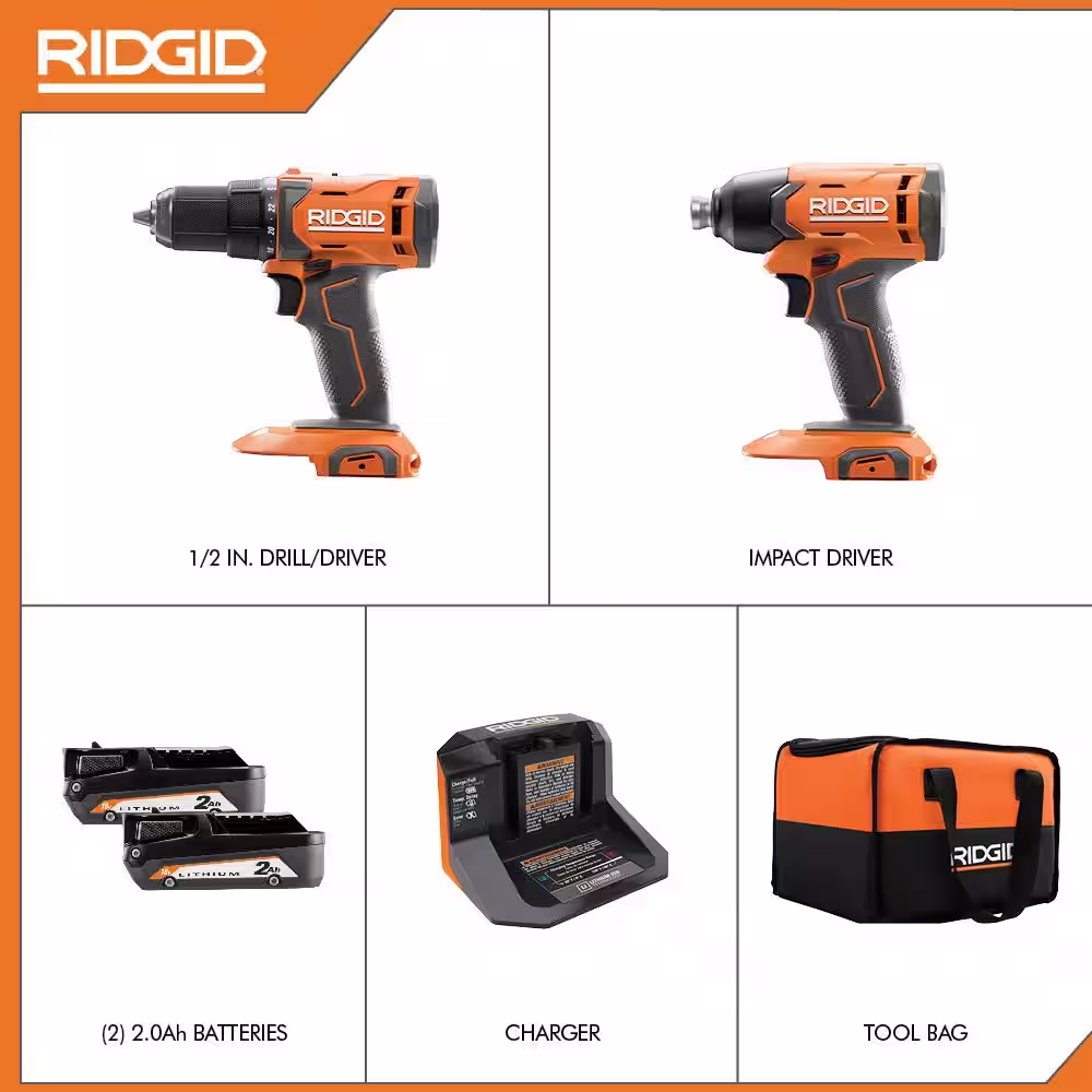 RIDGID 18V Cordless 2-Tool Combo Kit with Drill/Driver, Impact Driver, (2) Batteries, Charger, Bag, & SubC One-Handed Recip Saw