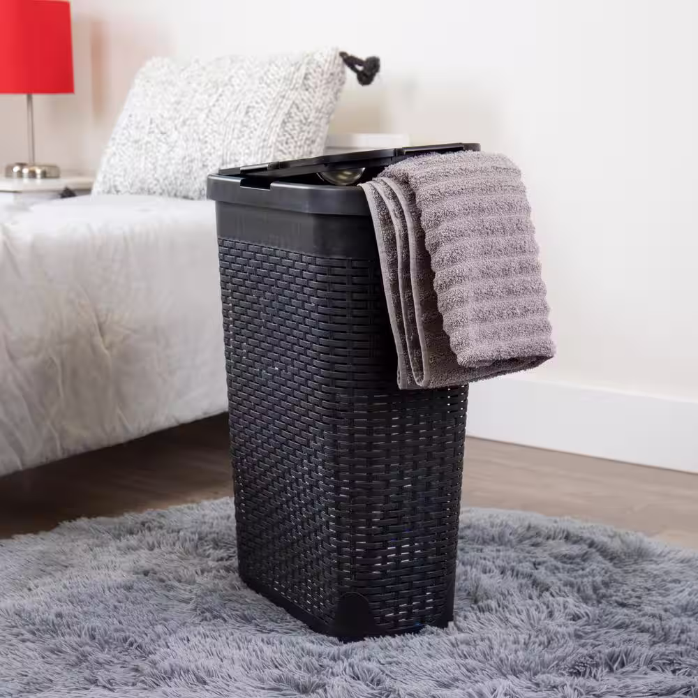 Mind Reader Basket Collection, Slim Laundry Hamper, 40 Liter Cut Out Handles, Attached Hinged Lid, Ventilated, Set of 2, Black