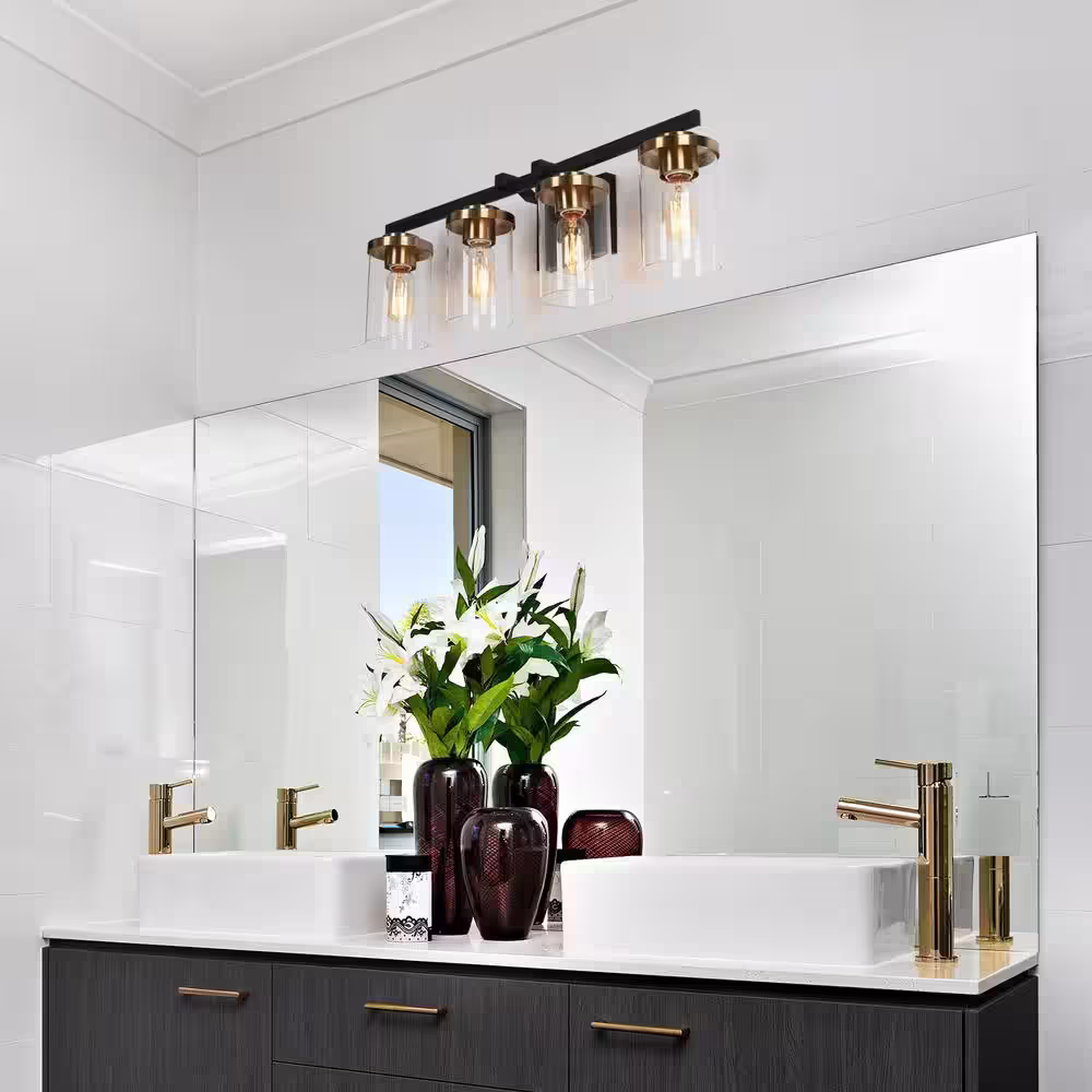 Zevni 27 in. 4-Light Black Vanity Light for Bathroom Modern Industrial Brass Gold Wall Light with Cylinder Clear Glass Shades