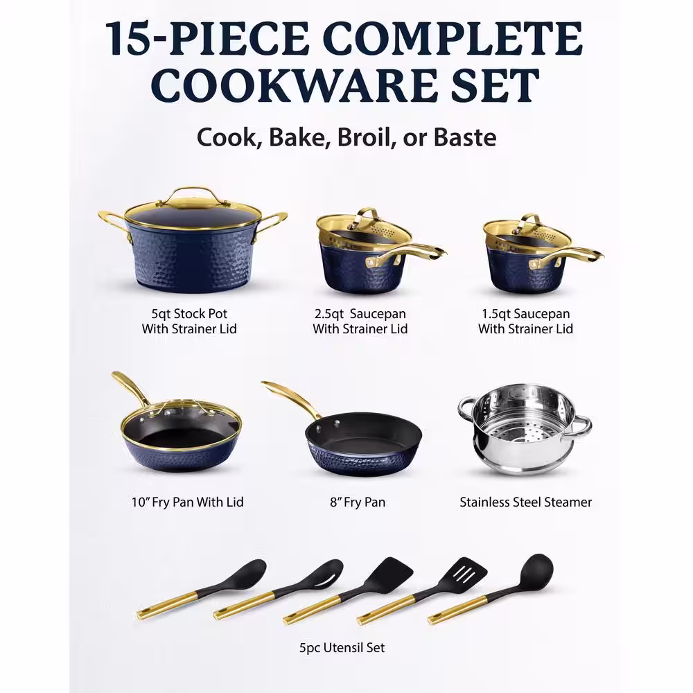 GRANITESTONE Charleston Collection 15-Piece Aluminum Hammered Nonstick Cookware Set with Utensils in Navy