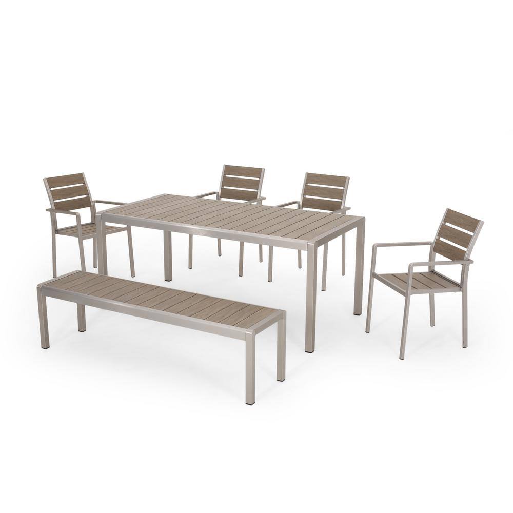 Noble House Cape Coral 30.25 in. Silver 6-Piece Metal Rectangular Outdoor Dining Set