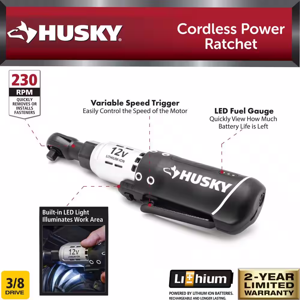 Husky 3/8 in. Drive 12-Volt Lithium-Ion Cordless Ratchet