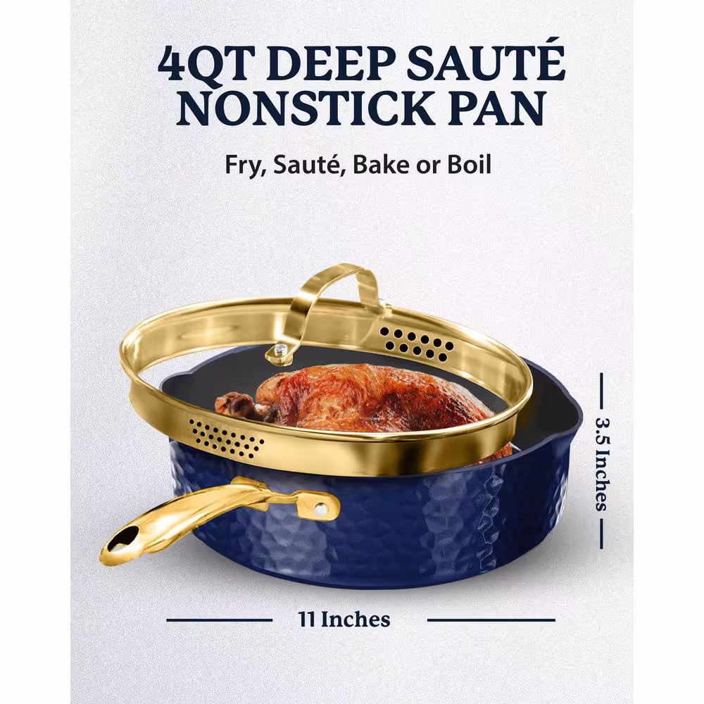 GRANITESTONE Charleston Collection 4 qt. Aluminum Hammered Nonstick Deep Saute Pan with Strainer Glass Lid in Navy