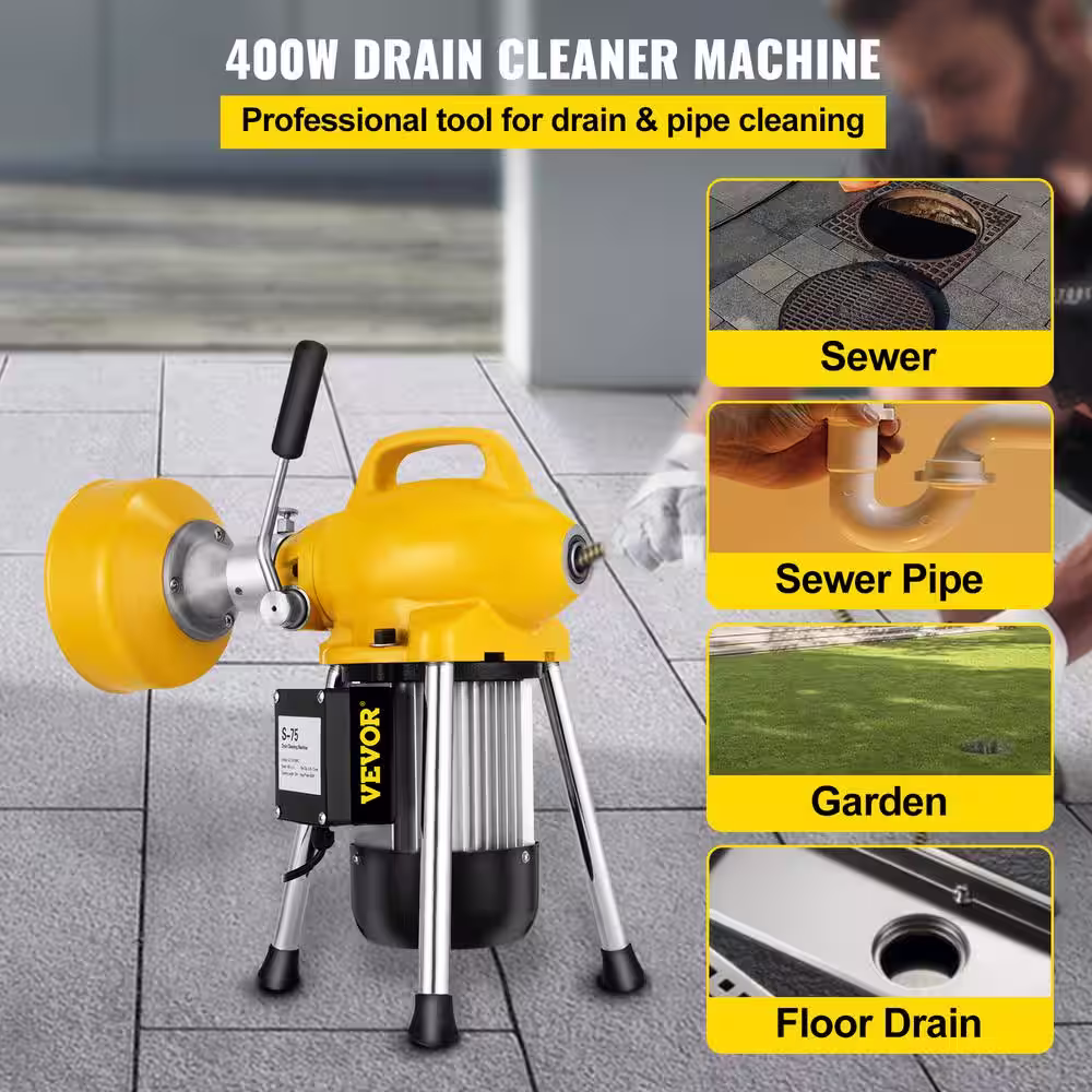VEVOR 66 ft. x 2/3 in. Electric Drain Auger 500-Watt Portable Drain Cleaner with 4 Cutters Tool fit 3/4 in. to 5 in. Pipe