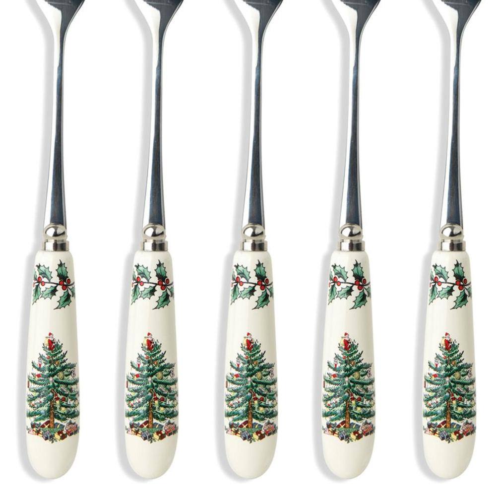 Spode Christmas Tree 6 in. 6-Piece Stainless Steel and White Porcelain Teaspoon Flatware Sets