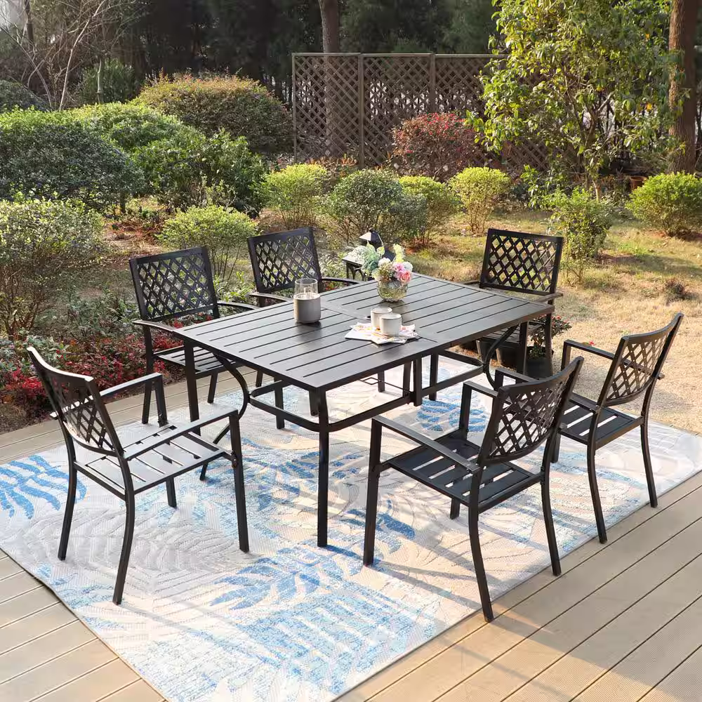 PHI VILLA Black 7-Piece Metal Outdoor Patio Dining Set with Slat Rectangle Table and Elegant Stackable Chairs