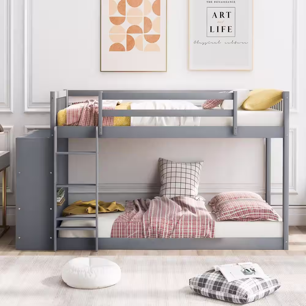 None Gray Twin Over Twin Bunk Bed with 4 Drawers and 3-tier Shelves, Low Floor Wood Kids Bunk Bed with Bookcase and Cabinet