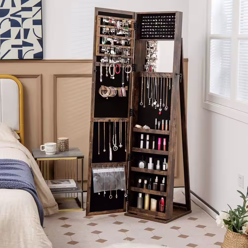 Costway Brown Mirrored Jewelry Cabinet Armoire Lockable Standing Storage Organizer with Shelf