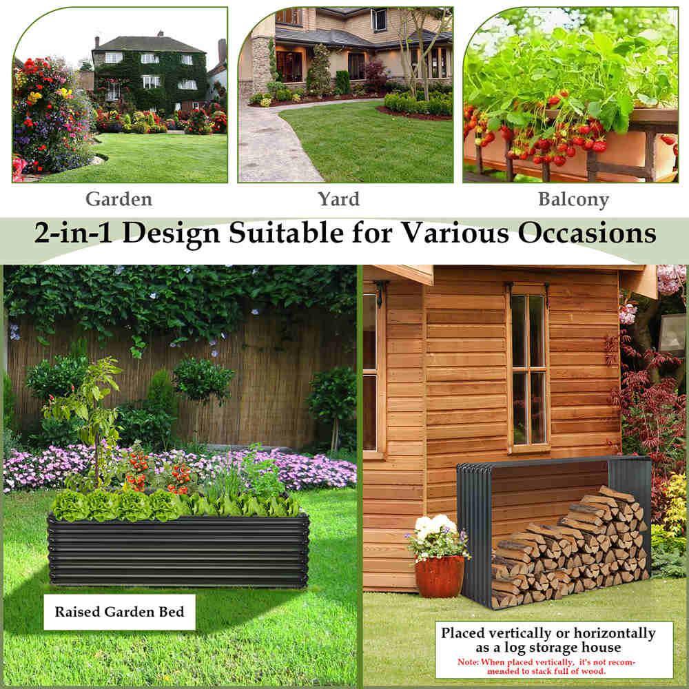 Costway 1 PC Galvanized Metal Raised Garden Bed Outdoor Planter Box Firewood Rack Log Holder