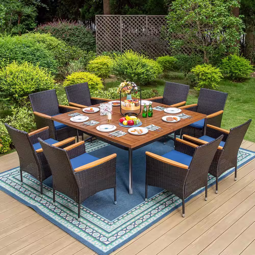 None 9-Piece Metal Patio Outdoor Dining Set with Brown Slat Square Table and Wooden Armrest Rattan Chairs with Blue Cushion