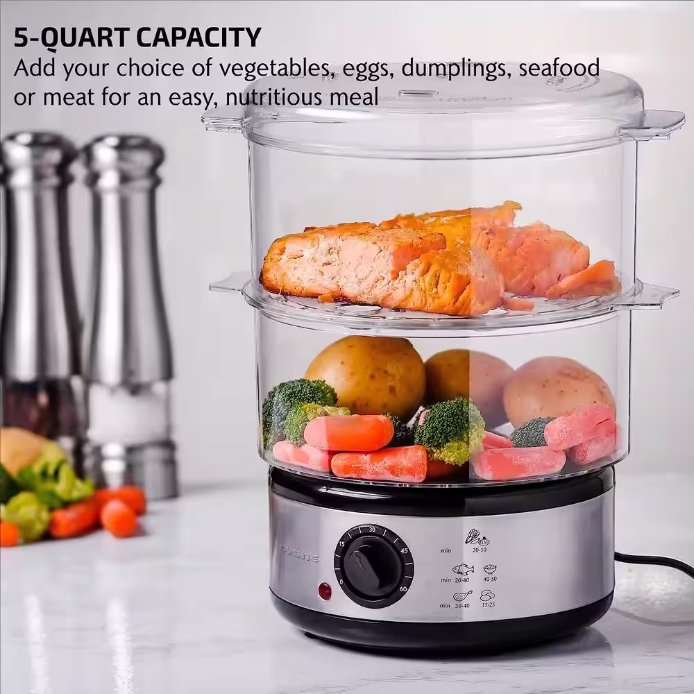 OVENTE 20-Cup Silver 2-Tier Food Steamer with Stainless Steel Base and Plastic Containers