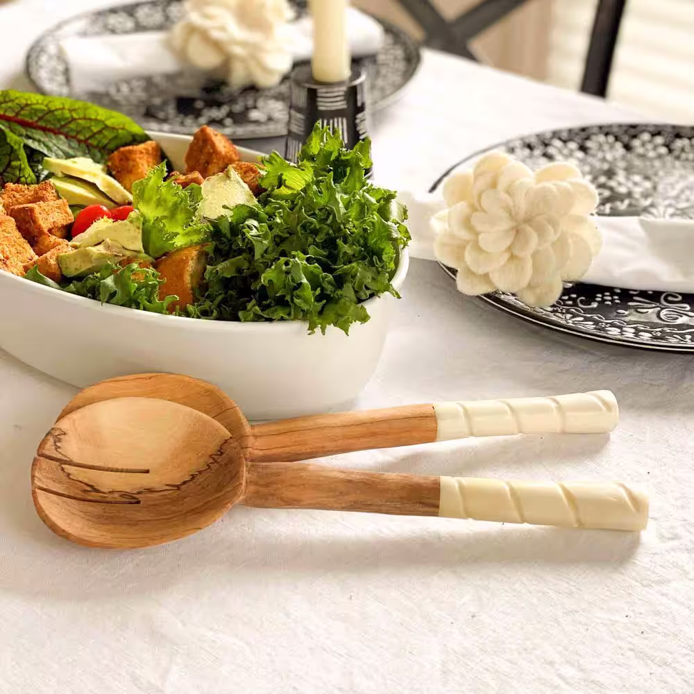 None Olive Wood Salad Servers with Rounded Bone Handles