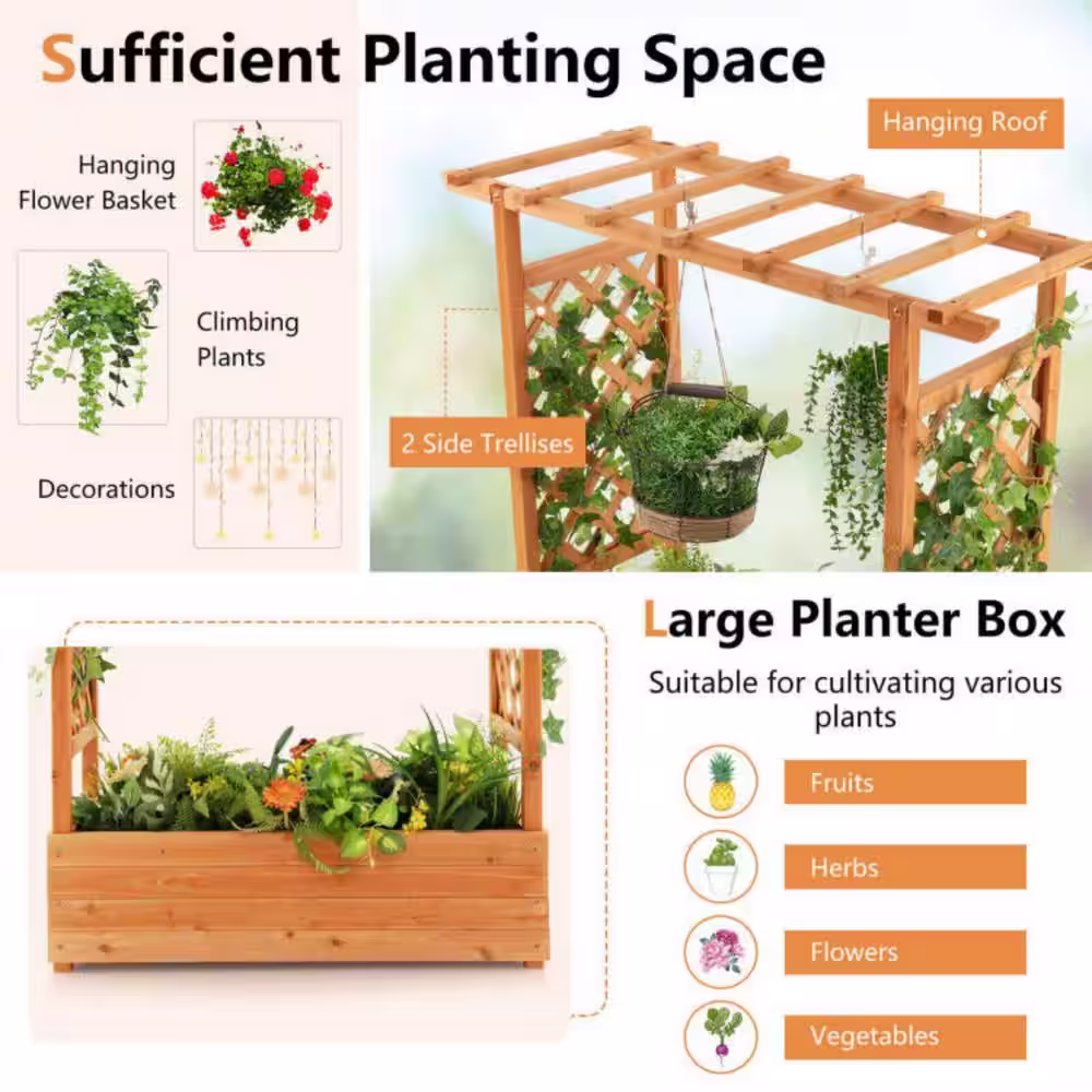 None Raised Wood Garden Bed with Trellis or Climbing Plant and Pot Hanging