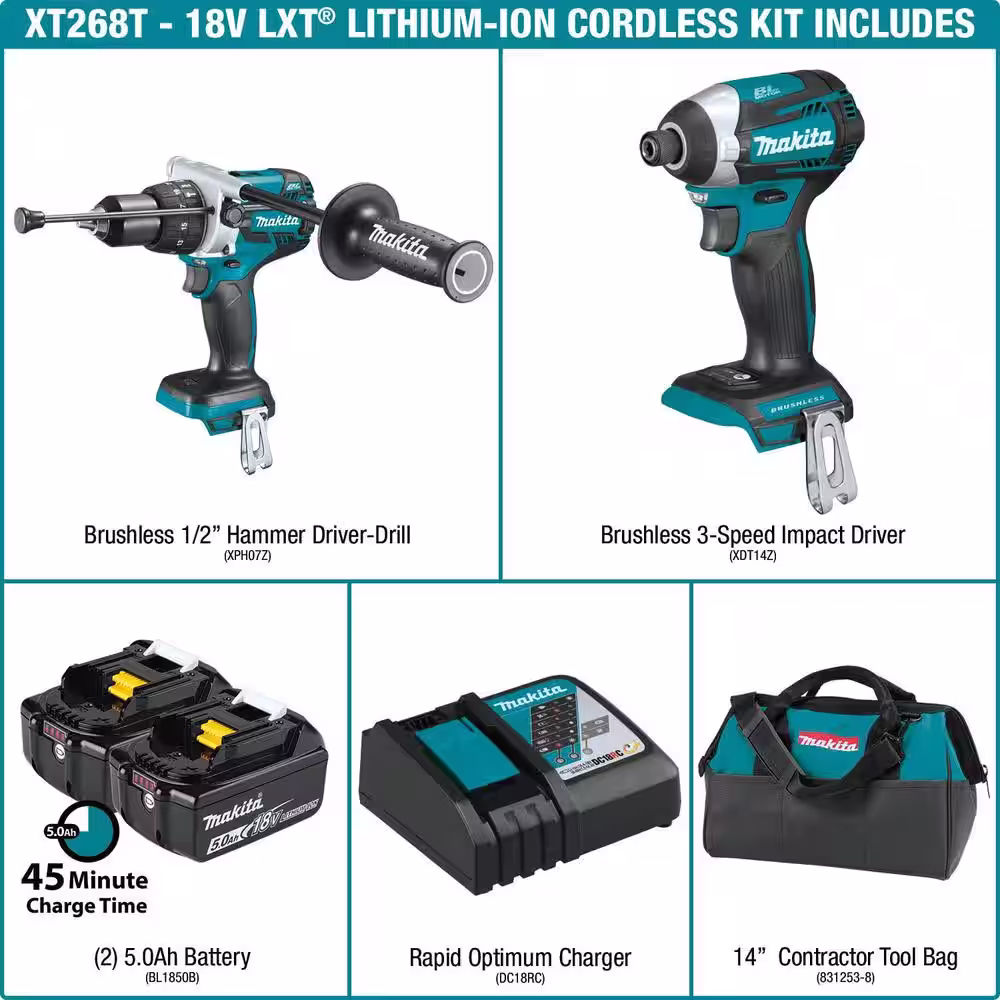 Makita 18V LXT 5.0Ah Lithium-ion Brushless Cordless Combo Kit 2-Piece (Hammer Drill/Impact Driver)