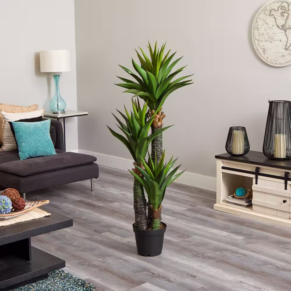 Nearly Natural Indoor 5 ft. Decorative Yucca Artificial Tree in Black Planter