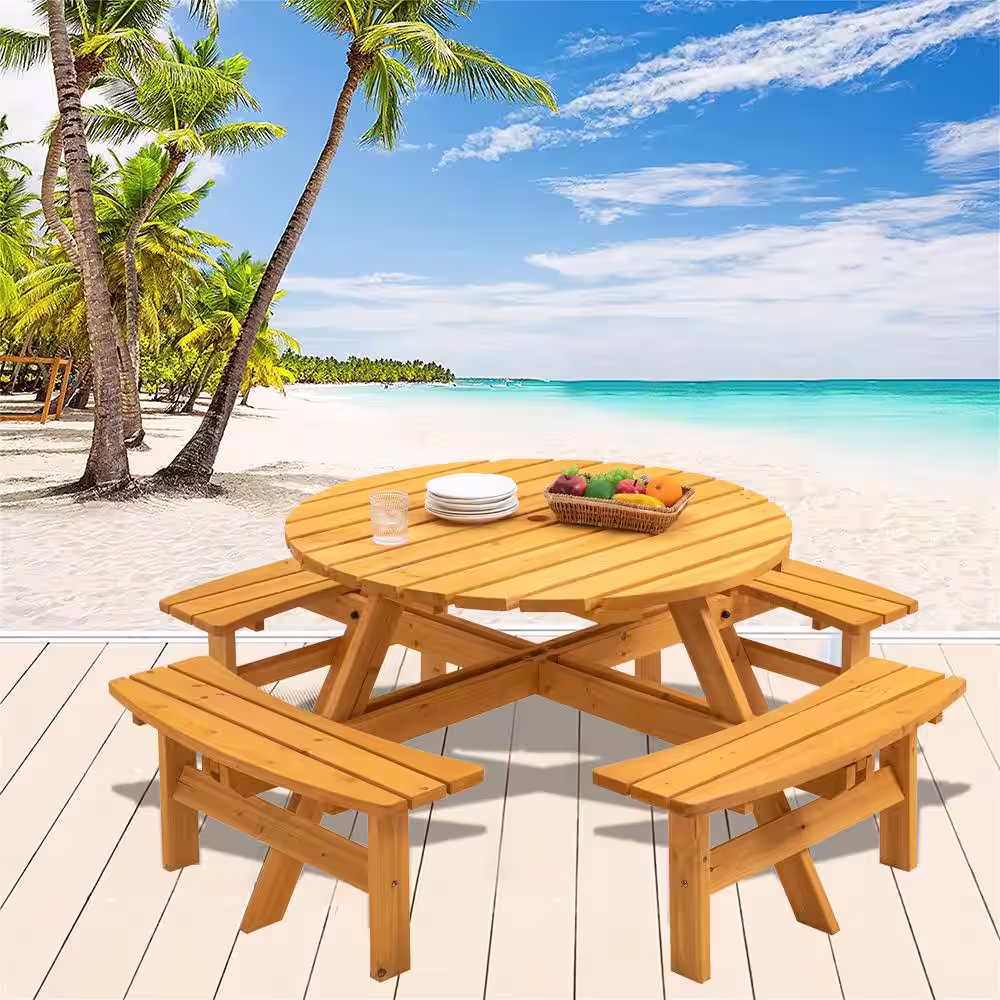 None 8-Person Round Natural Wood Frame 27.55 in. H Outdoor Dining Picnic Table with Seat