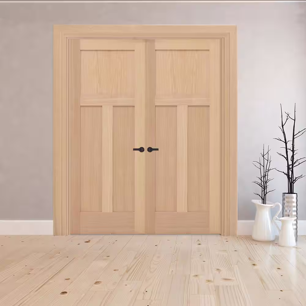Steves & Sons 48 in. x 80 in. Universal 3-Pnl Mission Unfinished Red Oak Wood Double Prehung Interior French Door with Nickel Hinges