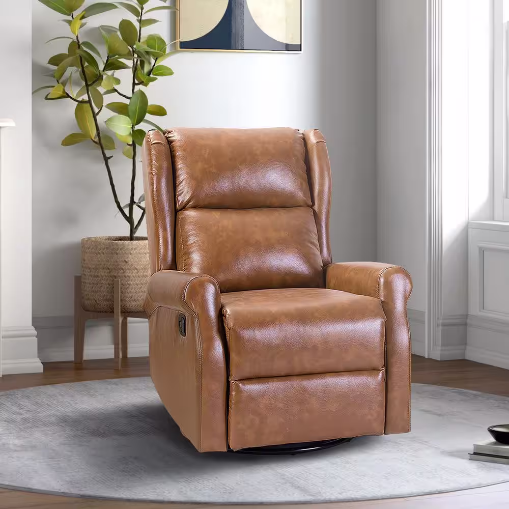 JAYDEN CREATION Chiang Camel Contemporary Wingback Leather Manual Swivel Recliner Rocking Nursery Chair with Metal Base