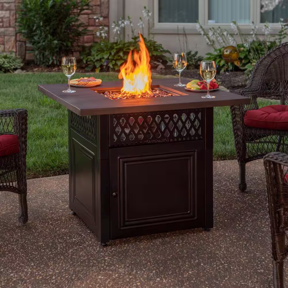 Endless Summer The DualHeat 37.8 in. x 30.7 in. Square Steel and Concrete Resin LP Gas Fire Pit with Hand Painted Wood Grain Mantel