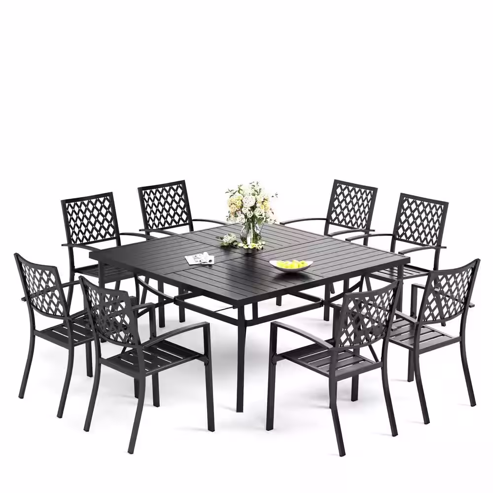 None 9-Piece Metal Outdoor Dining Set with Square Table and Black Elegant Stackable Chairs