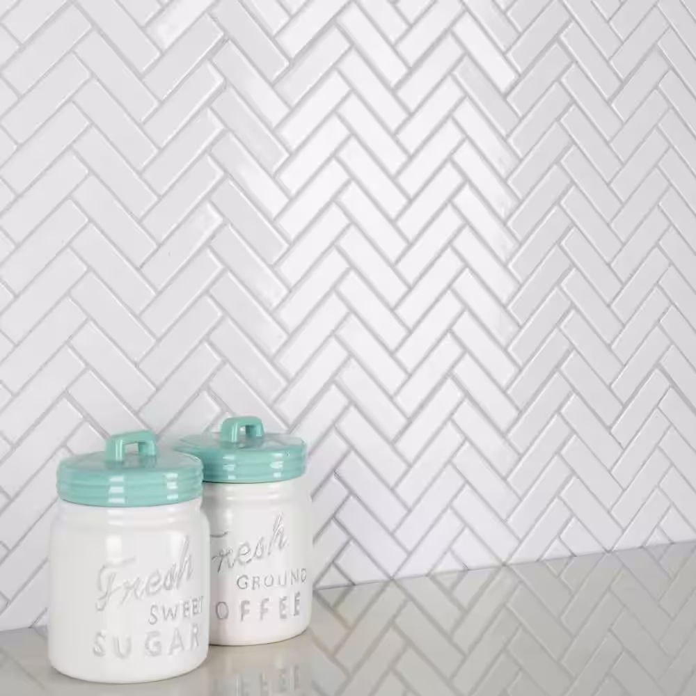 Merola Tile Metro Brick Herringbone Glossy White 10-5/8 in. x 12-1/2 in. Porcelain Mosaic Tile (9.4 sq. ft./Case)