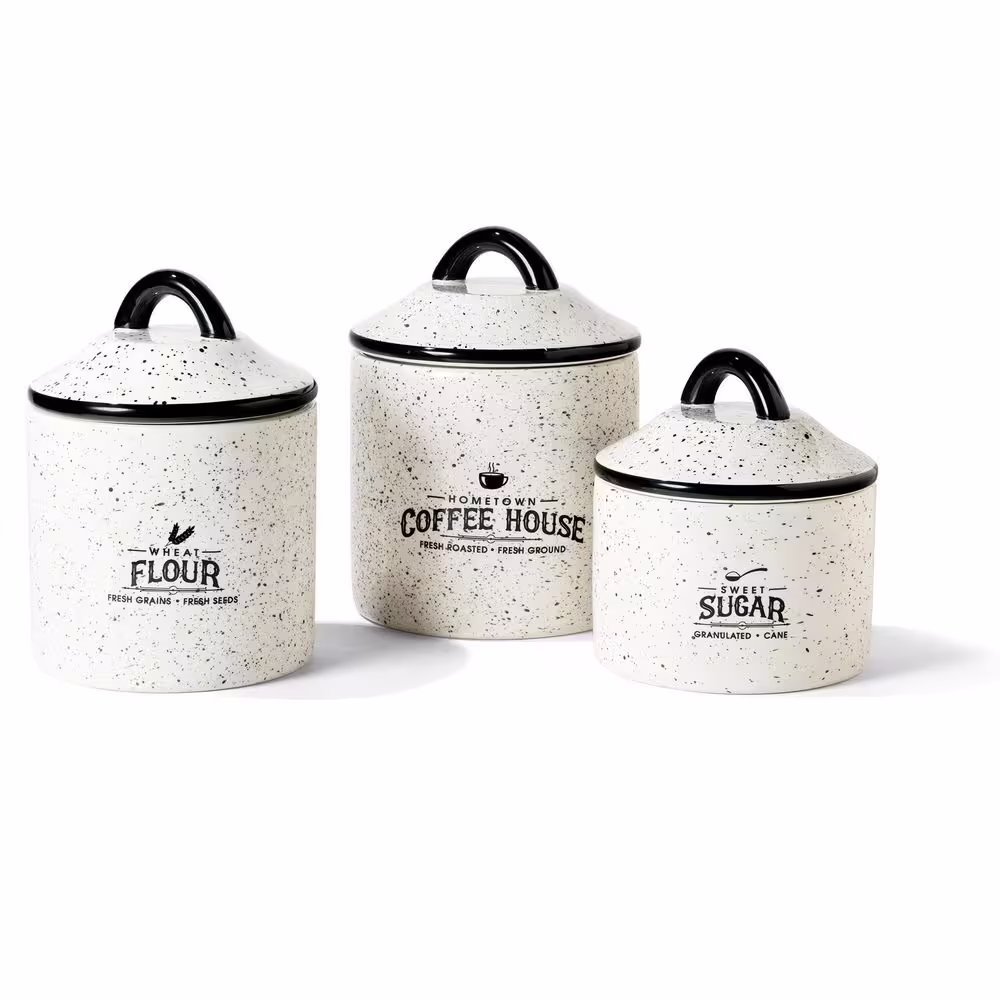 American Atelier 3-Piece Hometown Coffee House Ceramic Canister Set with Ceramic Top Lids, White