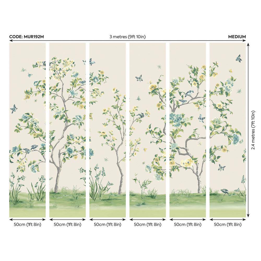 None Green Chinoiserie Flowers Tree Wall Mural