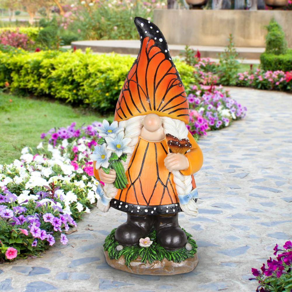 Exhart 6 in. x 12.5 in. Solar Monarch Butterfly Hat Girl, Gnome Garden Statue