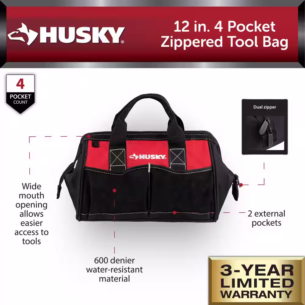 Husky 12 in. 4-Pocket Zippered Tool Bag (10-Pack)