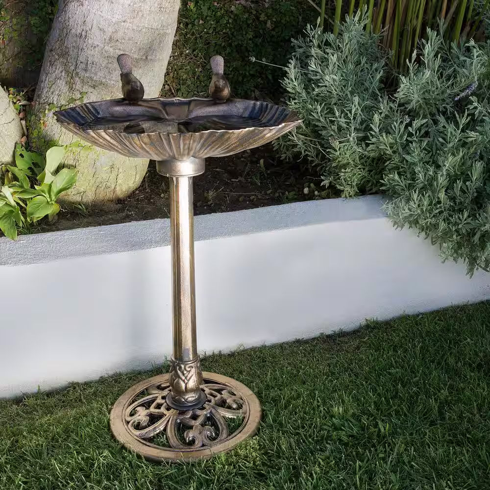 Alpine Corporation 33 in. Tall Outdoor Vintage Birdbath with Bird Figurines Yard Statue