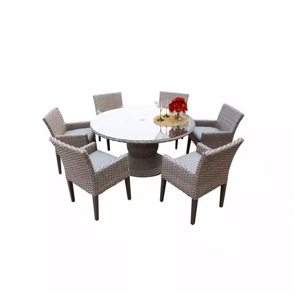 TK CLASSICS Oasis 7-Piece Outdoor Wicker Patio Dining Set with Spa Blue Cushions