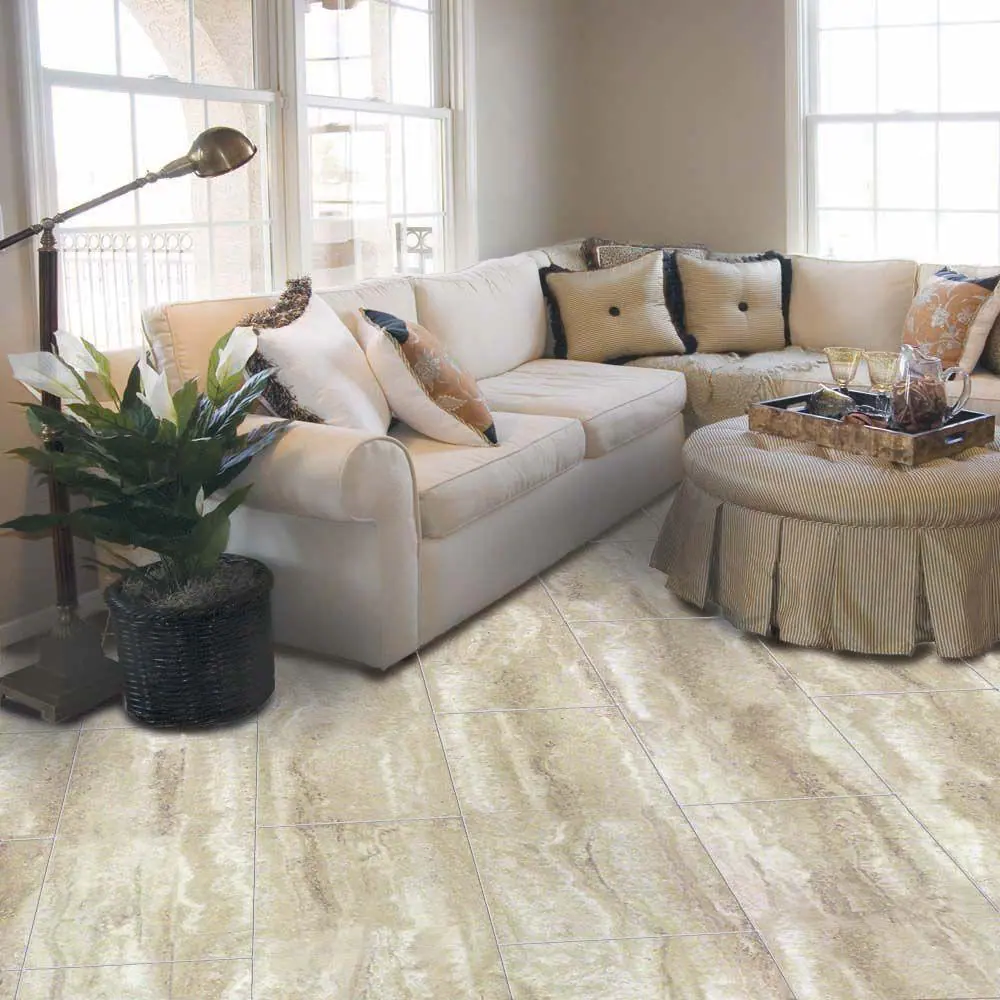 TrafficMaster Light Grey Travertine 4 MIL x 12 in. W x 24 in. L Peel and Stick Water Resistant Vinyl Tile Flooring (20 sqft/case)