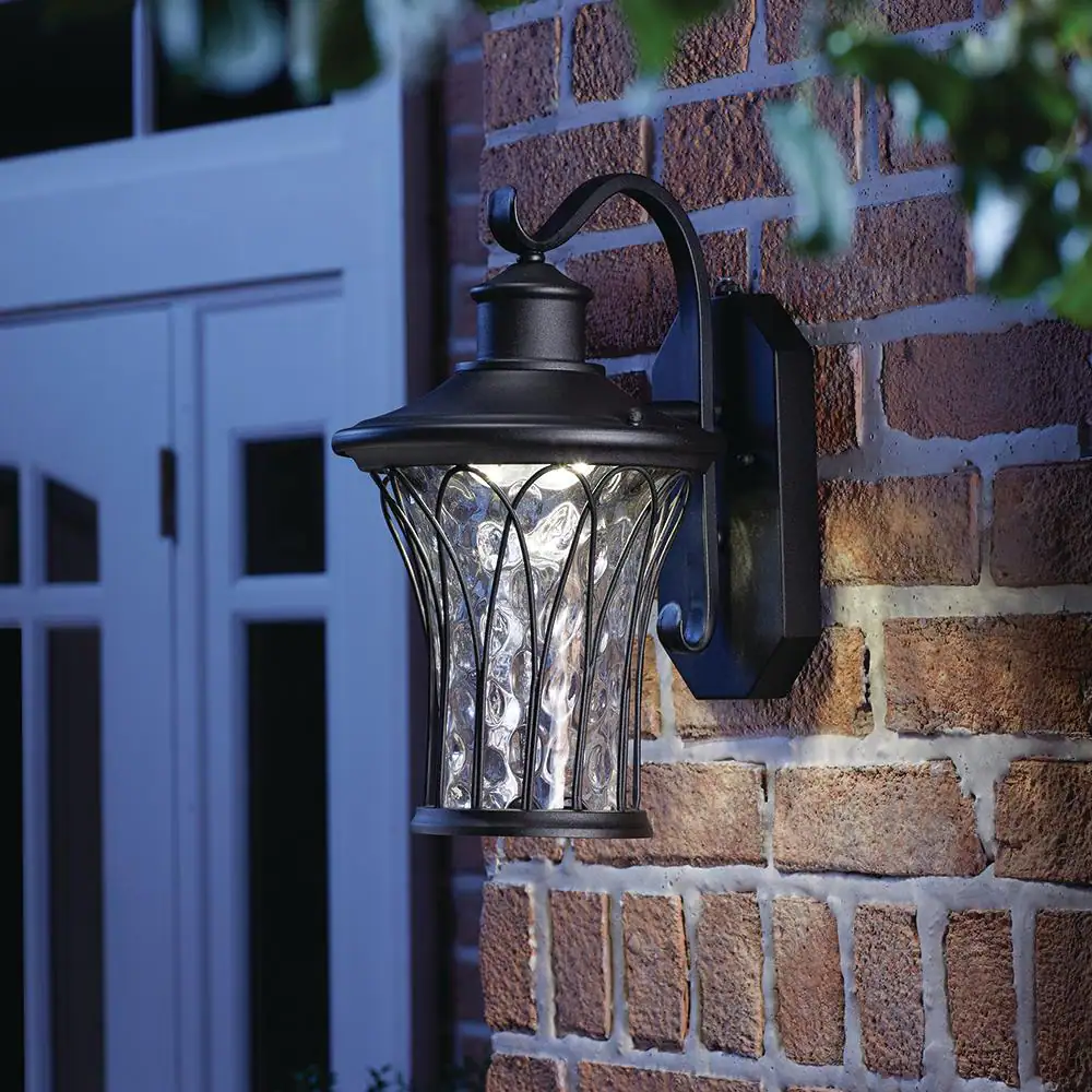 Home Decorators Collection Avia Falls Black Dusk to Dawn Large LED Outdoor Wall Light Fixture with Clear Water Glass