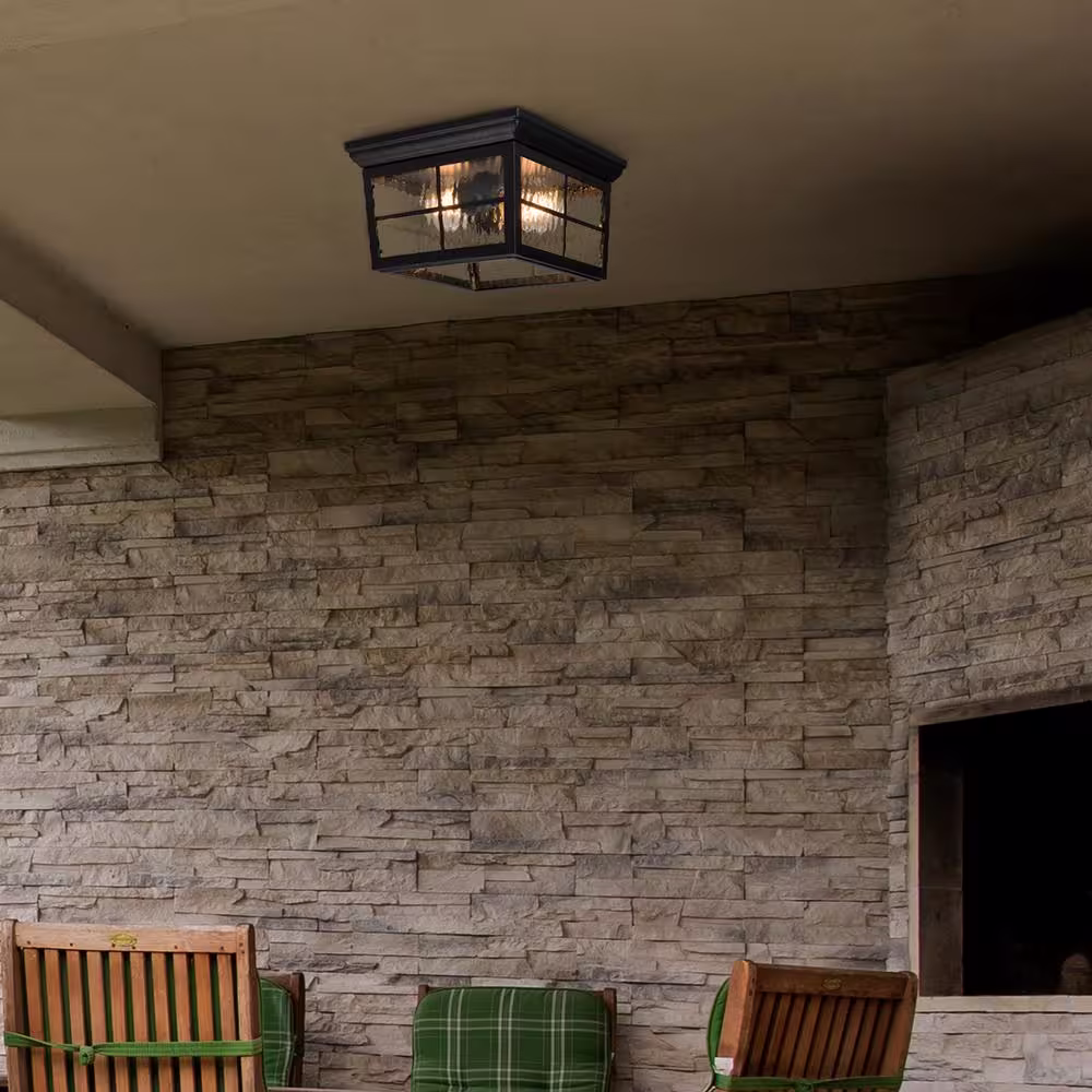 Maxxima Black Outdoor Flush Mount Ceiling Light Fixture, Porch Light with Water Glass, Bulbs Not Included