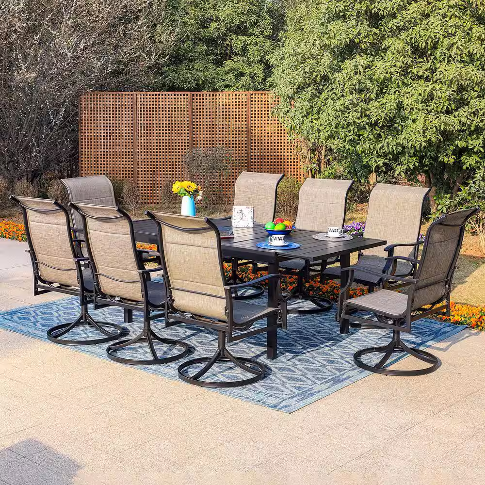None Black 9-Piece Metal Outdoor Patio Dining Set with Extendable Table and Padded Textilene Swivel Chairs
