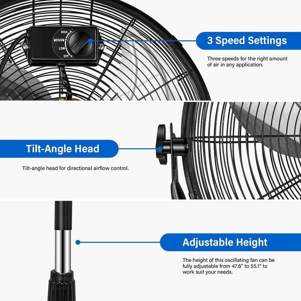 Tafole 20 in. 3-Speeds Pedestal Fan in Black with Adjustable Height