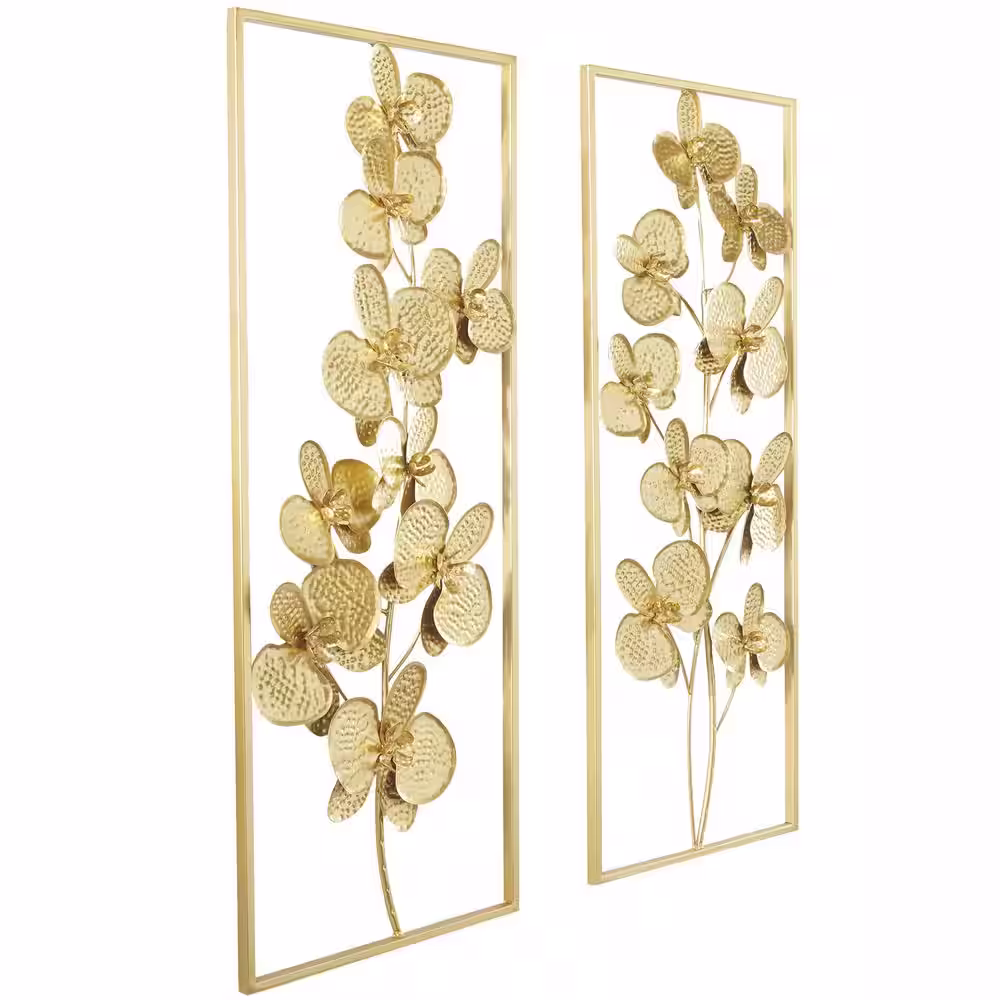 CosmoLiving by Cosmopolitan Metal Gold Orchid Floral Wall Decor with Gold Frame (Set of 2)