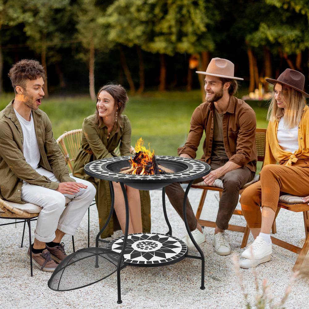 Outsunny 30 in. Metal Outdoor Fire Pit, 3-in-1 Outdoor Dining Table Round Wood Burning Fire Pit Table